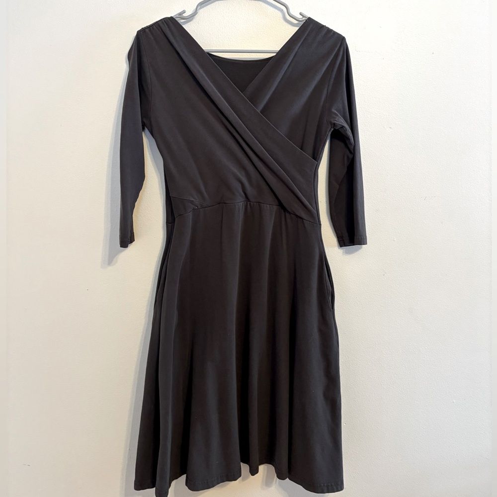 Charcoal Criss Cross V-Neck Flare Midi Dress. Reversible. Organic Cotton